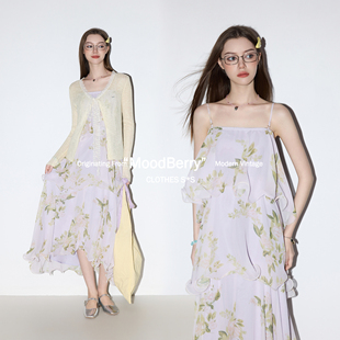 MoodBerry 美式复古度假风碎花露肩吊带连衣裙女夏季设计感蛋糕裙