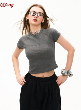 MoodBerry美式复古烫钻修身短袖T恤女夏季辣妹露脐显瘦正肩短上衣