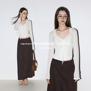 MoodBerry 美式复古白色针织罩衫外套女夏季花边长袖百搭休闲上衣