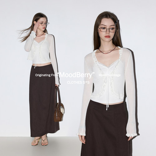 MoodBerry 美式复古白色针织罩衫外套女夏季花边长袖百搭休闲上衣