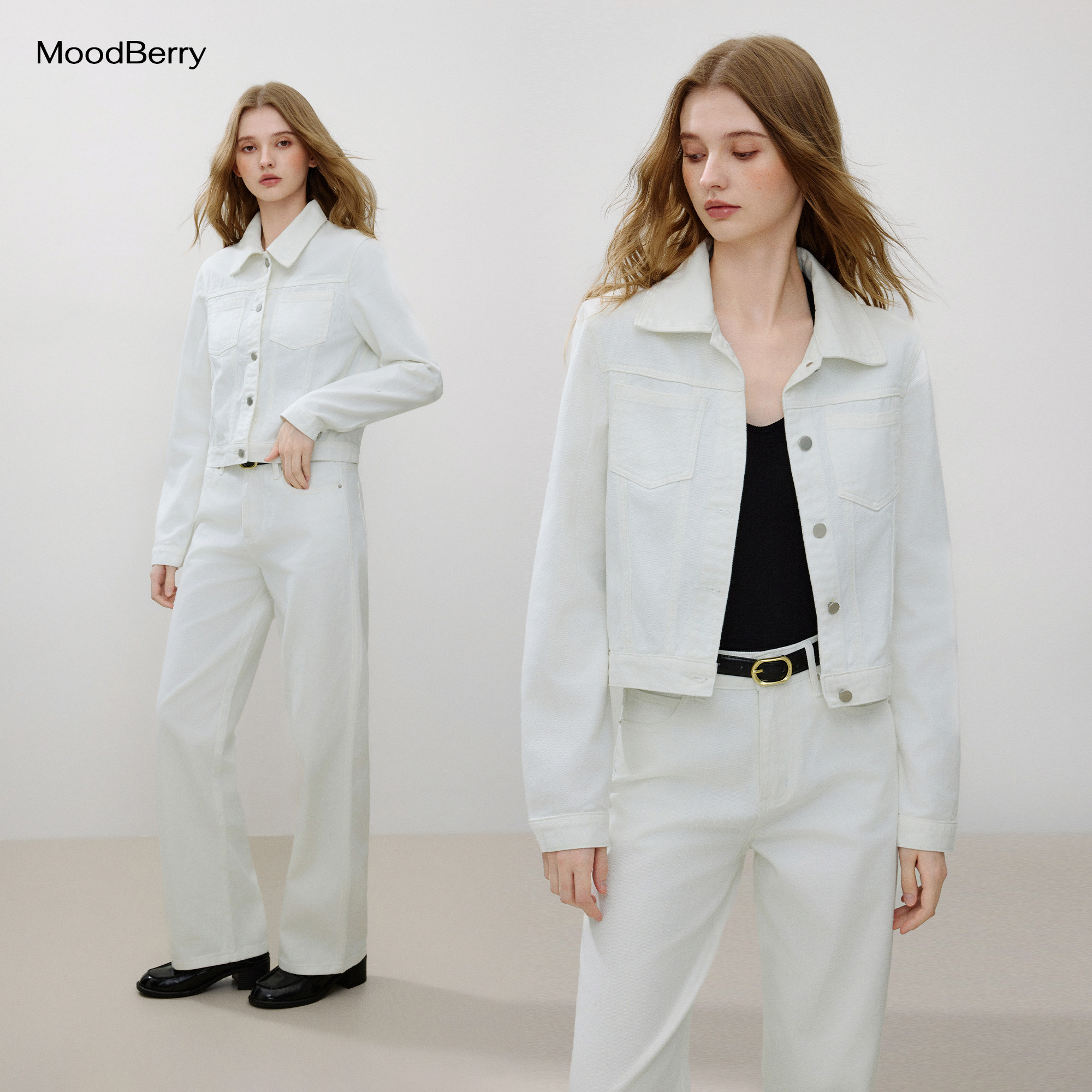 MoodBerry 美式复古短款翻领白牛仔外套女秋季宽松直筒裤夹克套装图片