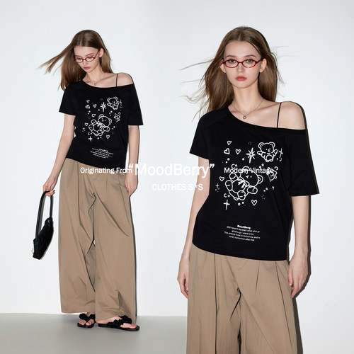 MoodBerry美式复古小熊印花露肩款短袖女夏季短款休闲宽松上衣T恤