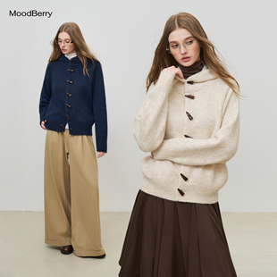 MoodBerry 美式复古牛角扣连帽毛衣开衫女秋冬宽松慵懒感针织上衣