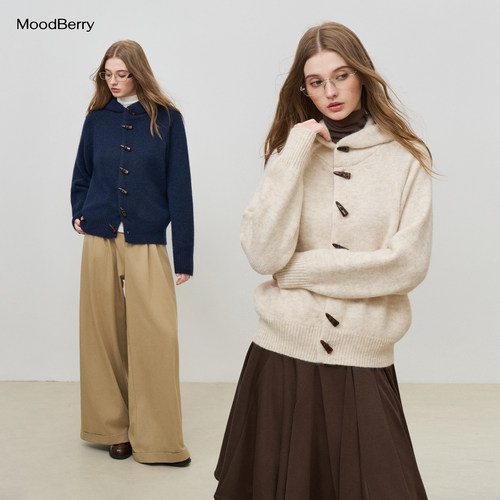 MoodBerry 美式复古牛角扣连帽毛衣开衫女秋冬宽松慵懒感针织上衣