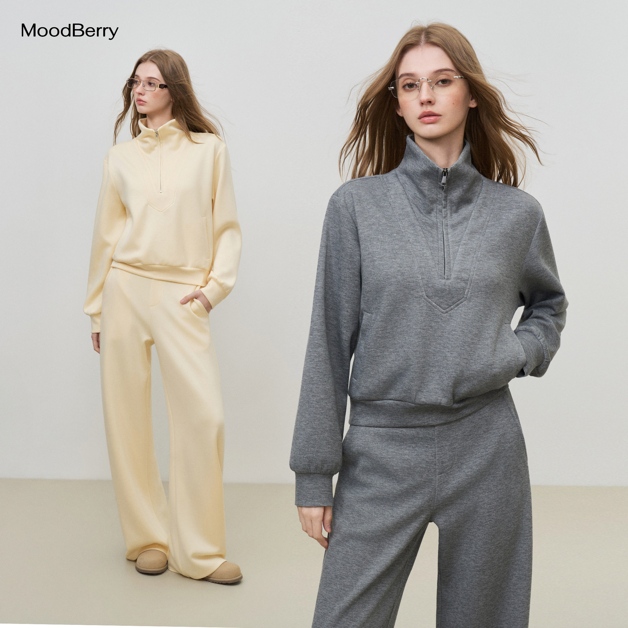 MoodBerry 美式复古简约宽松百搭休闲卫衣女秋冬半拉链款卫衣套装图片