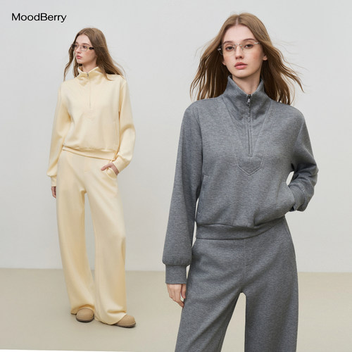 MoodBerry 美式复古简约宽松百搭休闲卫衣女秋冬半拉链款卫衣套装