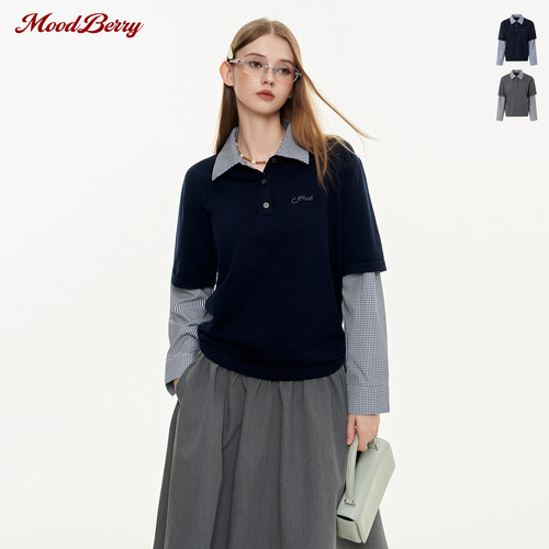 MoodBerry 美式复古学院风格纹假两件衬衫领卫衣女秋百搭休闲上衣