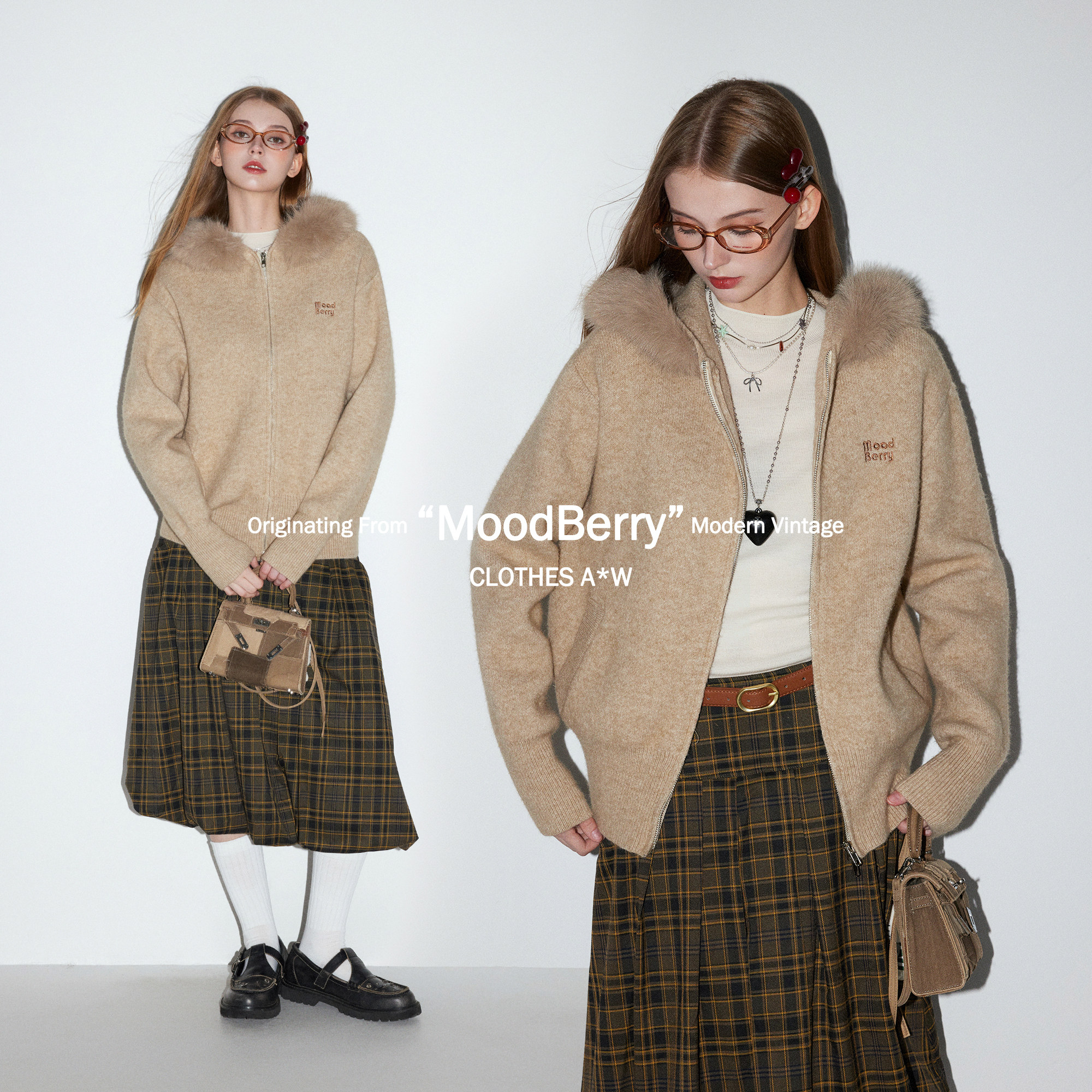 MoodBerry 美式复古连帽毛领针织外套女秋冬慵懒风双拉链毛衣开衫