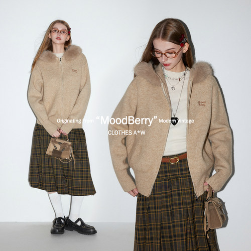 MoodBerry 美式复古连帽毛领针织外套女秋冬慵懒风双拉链毛衣开衫