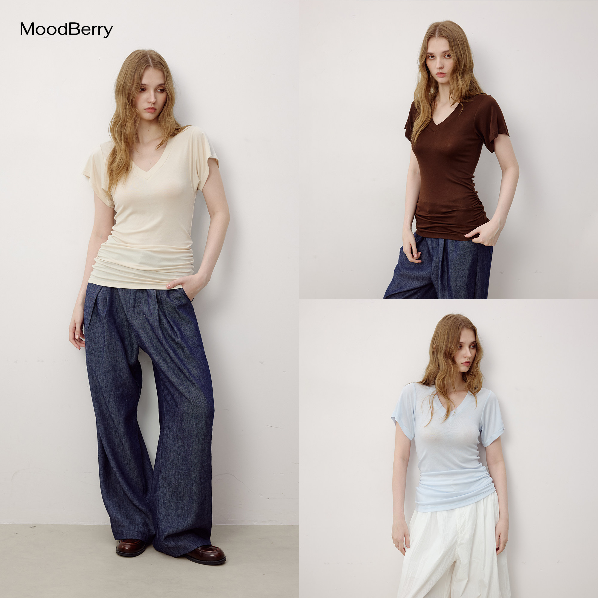 MoodBerry 美式复古V领堆叠下摆短袖女夏季简约纯色修身款上衣T恤图片