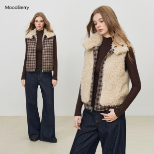 MoodBerry 美式复古羊羔毛格纹拼接马甲背心女秋冬翻领两面穿上衣