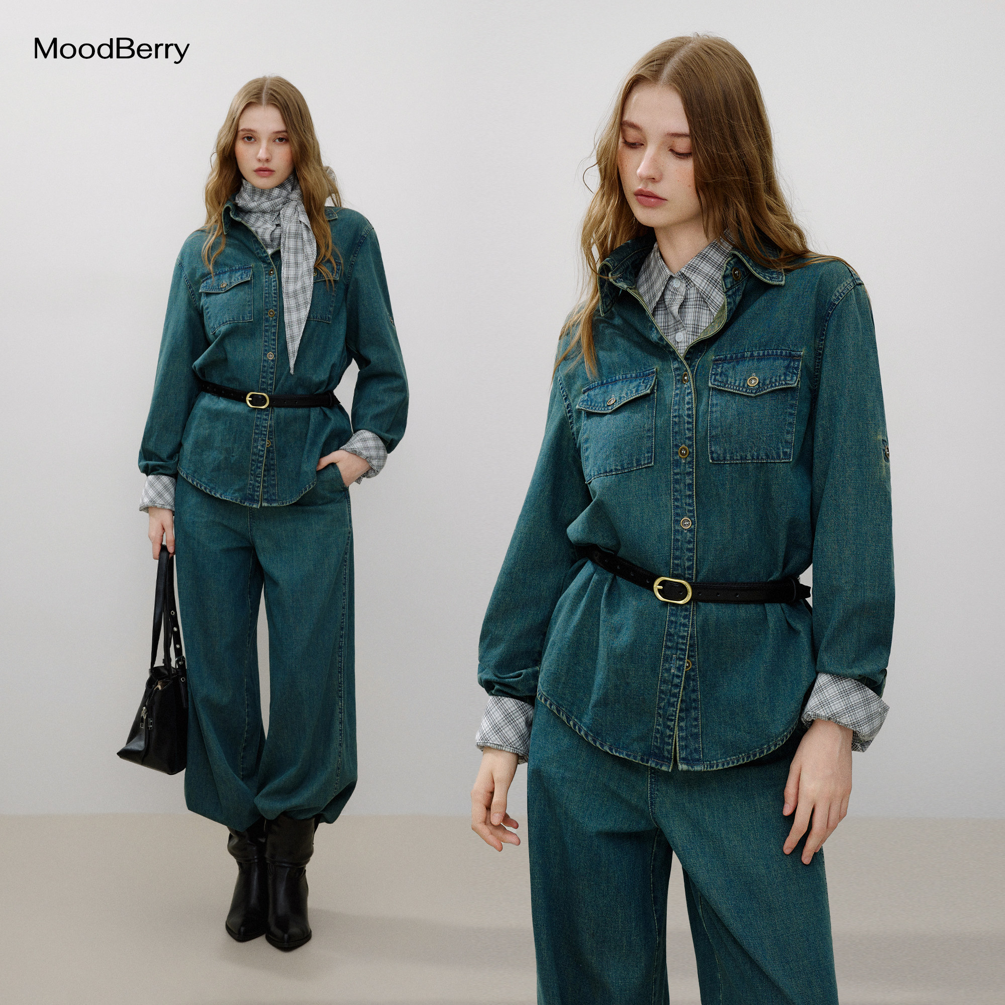 MoodBerry 美式复古做旧牛仔长袖衬衫女秋季直筒裤子牛仔衬衣套装图片