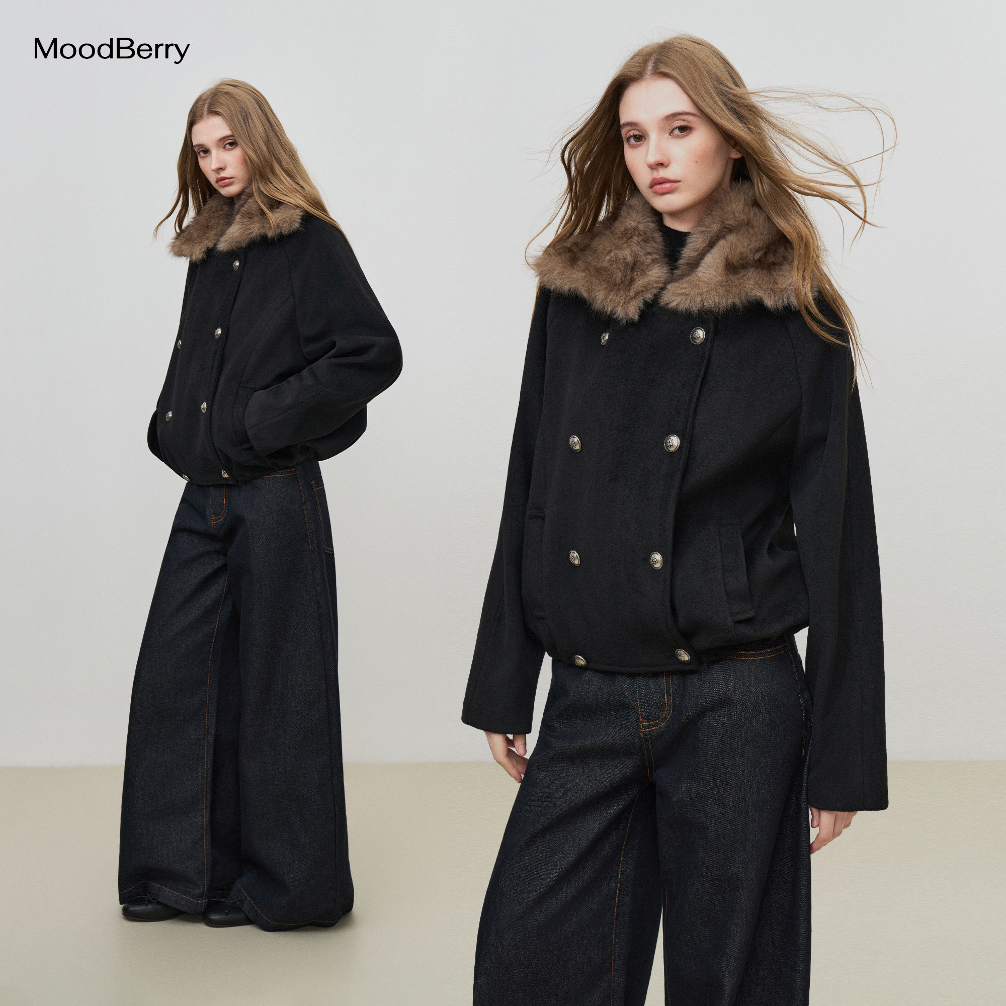 MoodBerry 美式复古双排扣可拆卸毛领夹克女秋冬短款保暖上衣外套