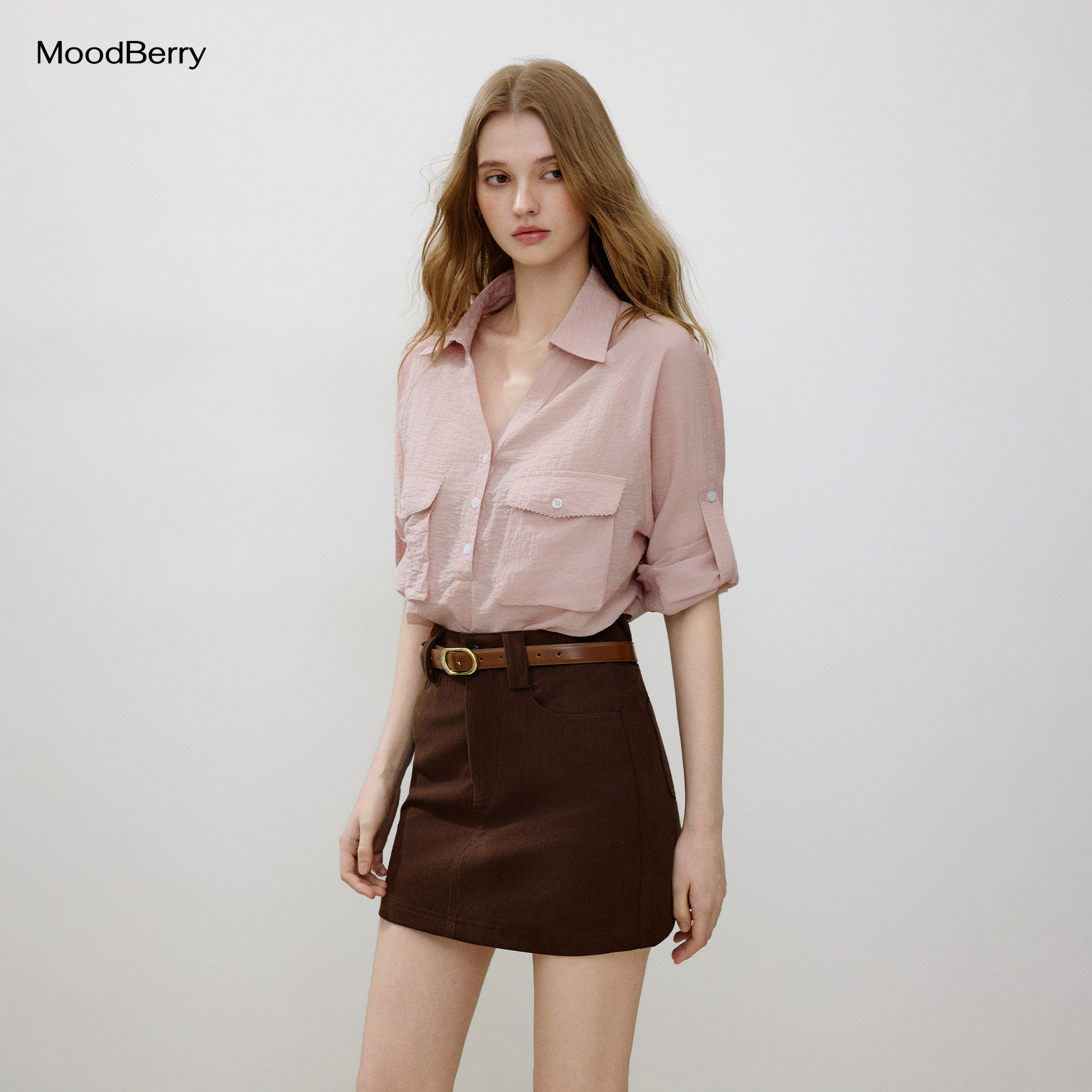 MoodBerry 美式复古粉色翻领天丝衬衫女秋季宽松口袋长袖衬衣上衣