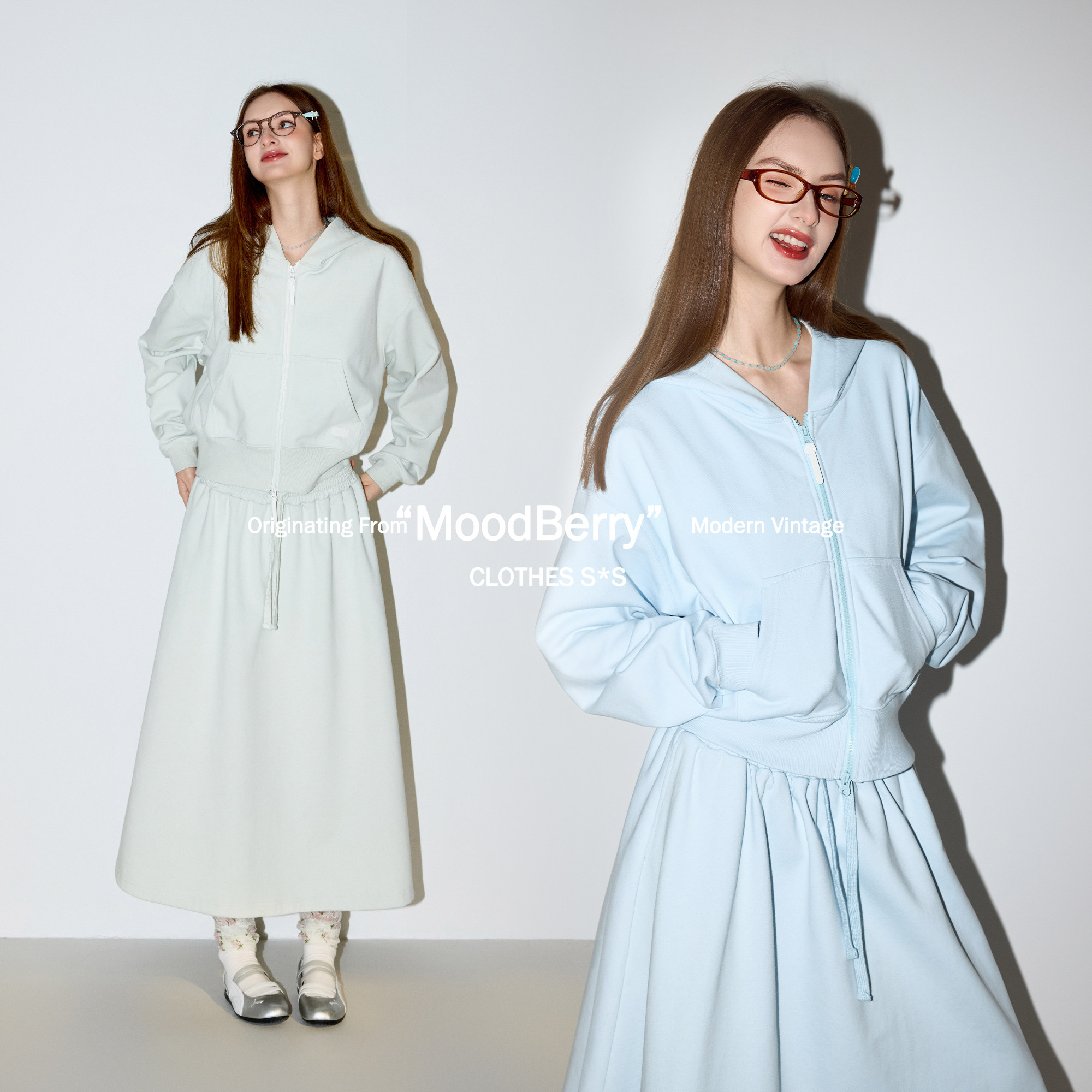 MoodBerry 美式运动休闲纯色连帽开衫外套女春季半身长裙卫衣套装