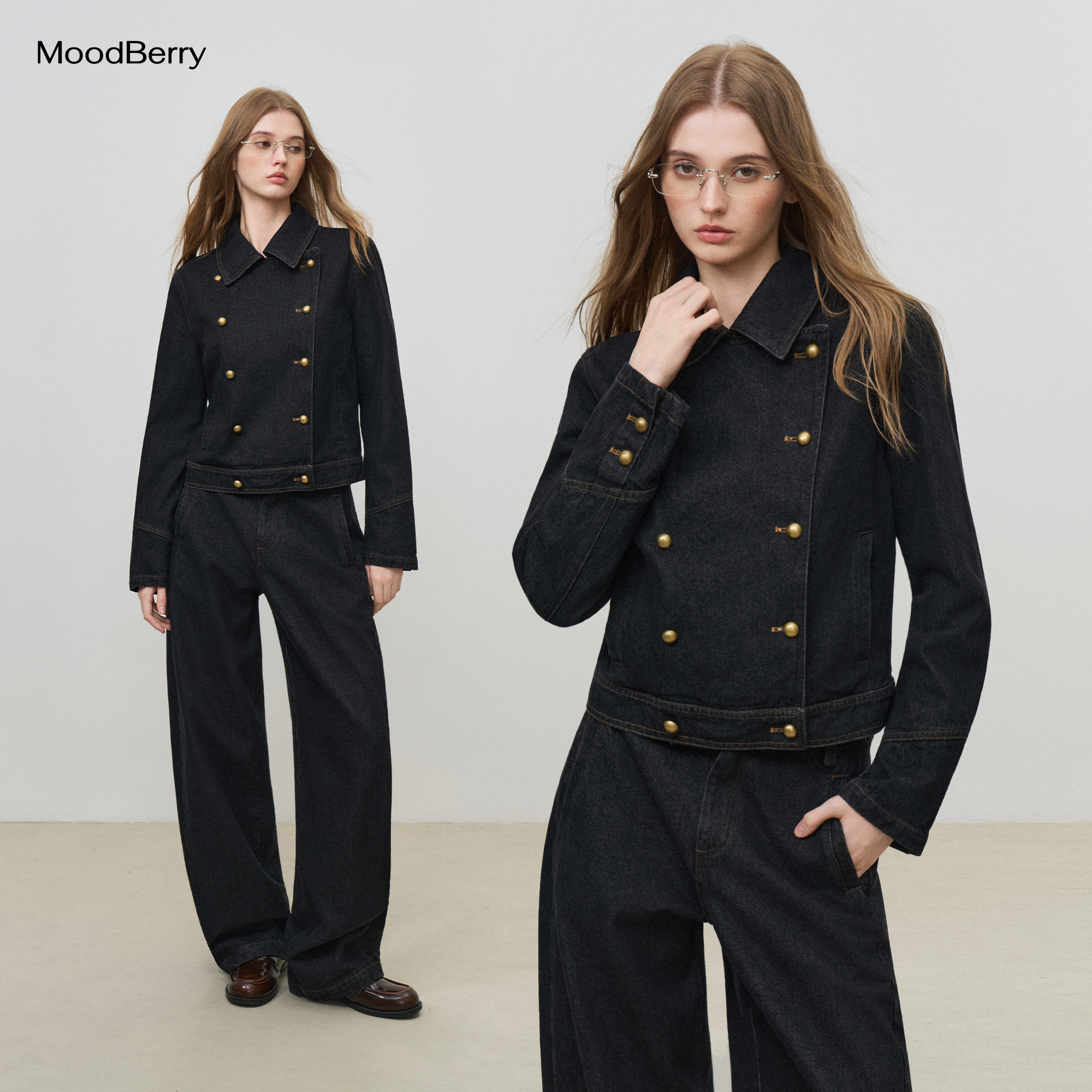 MoodBerry 美式复古双排金属纽扣牛仔外套女秋季休闲翻领夹克上衣