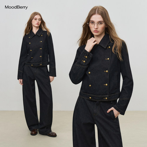 MoodBerry 美式复古双排金属纽扣牛仔外套女秋季休闲翻领夹克上衣