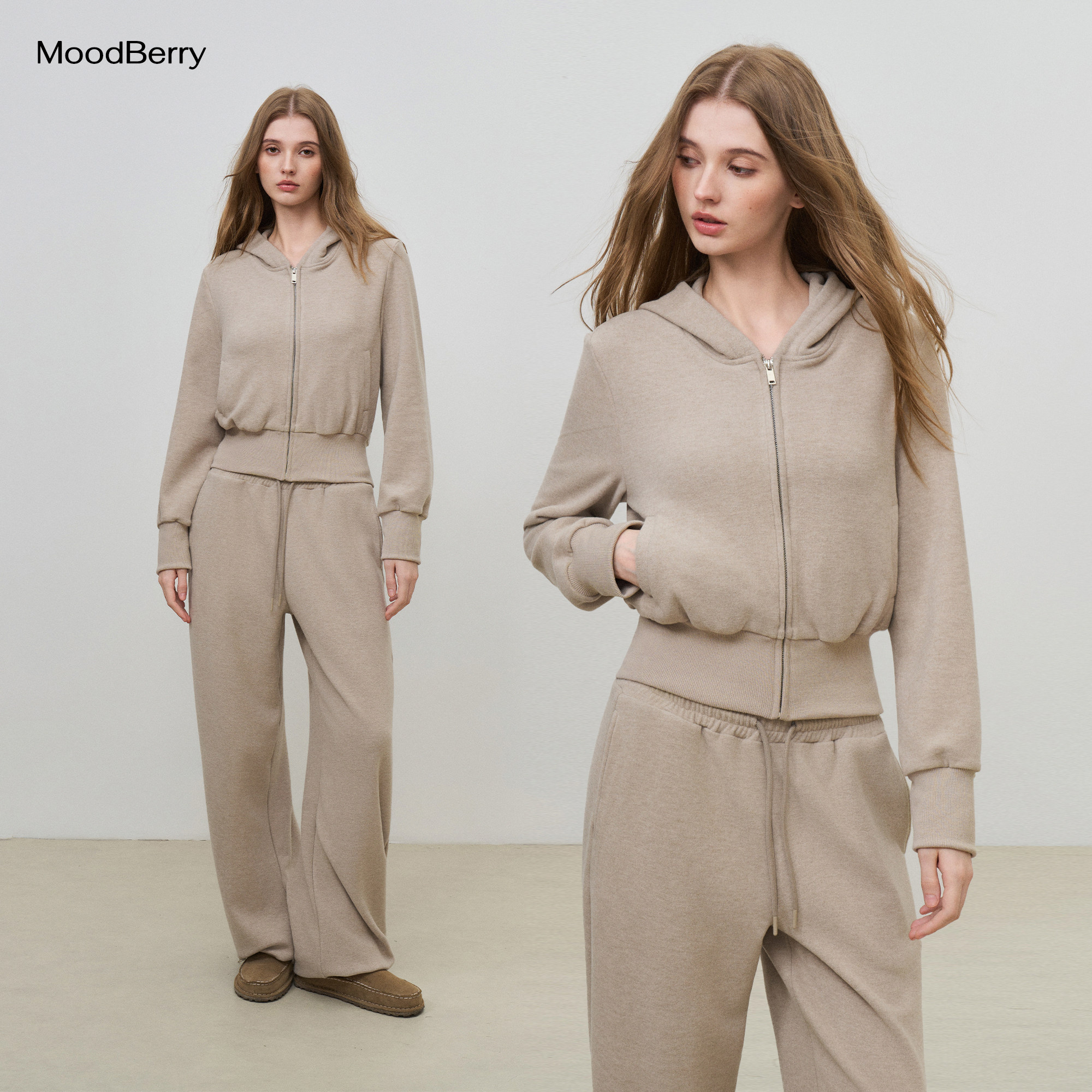 MoodBerry 美式复古纯色连帽收腰拉链女秋冬款慵懒感磨毛卫衣套装图片