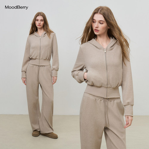 MoodBerry 美式复古纯色连帽收腰拉链女秋冬款慵懒感磨毛卫衣套装