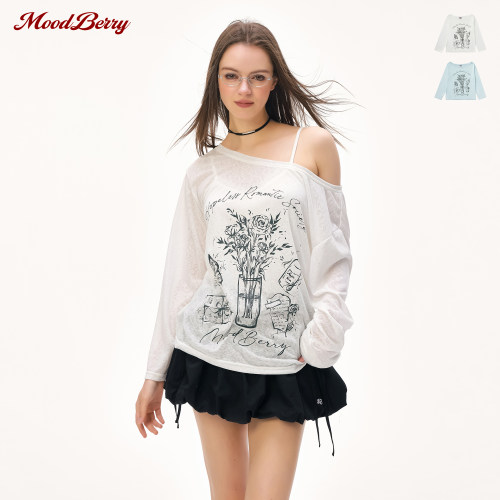 MoodBerry美式复古一字肩斜肩罩衫T恤女夏季宽松辣妹轻薄防晒上衣