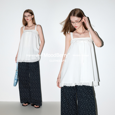 MoodBerry 美式复古度假风蕾丝边吊带裙上衣女夏季无袖款露肩上衣