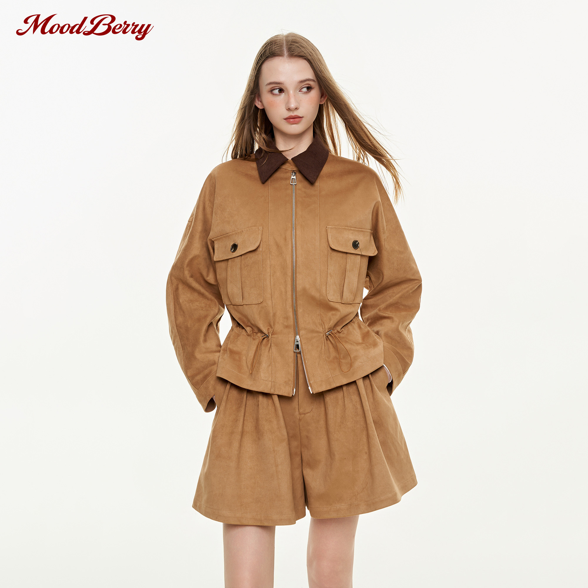 MoodBerry美式复古麂皮绒翻领夹克外套女秋季新款短裤A字裙子套装