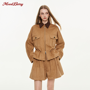 MoodBerry美式复古麂皮绒翻领夹克外套女秋季新款短裤A字裙子套装