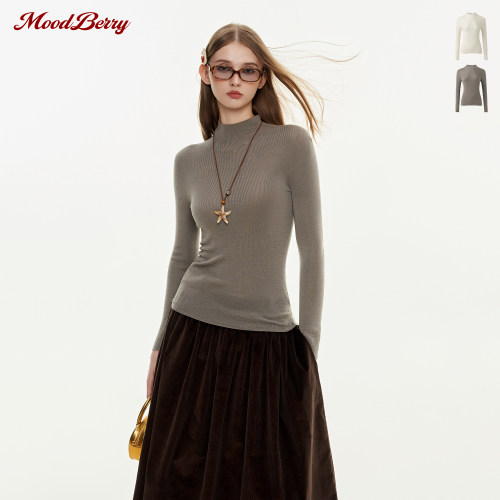 MoodBerry纯色百搭100%羊毛针织长袖T恤女秋冬修身显瘦半高领上衣