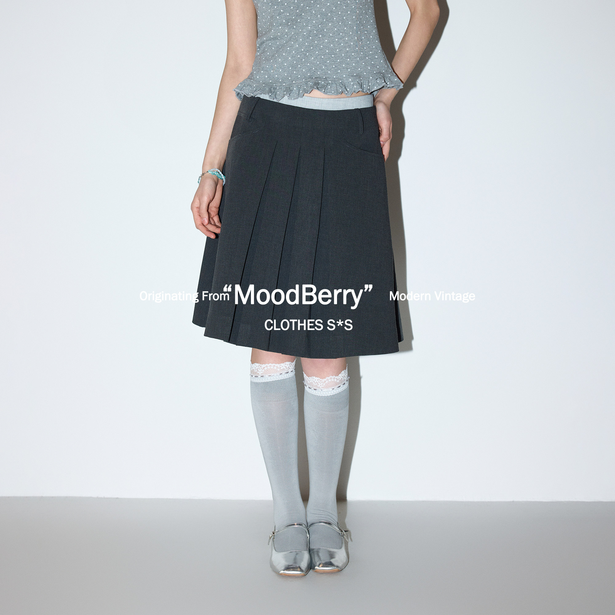 MoodBerry 美式复古纯色西装垂感百褶裙女春季底腰通勤百搭半身裙图片