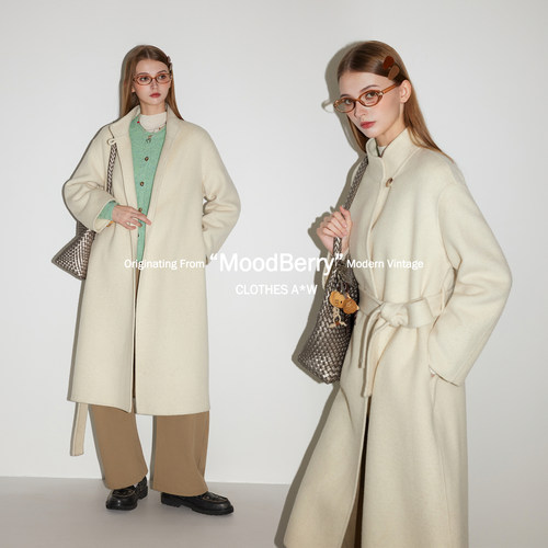 MoodBerry 立领纽扣系带双面羊毛中长款外套女冬简约保暖毛呢大衣