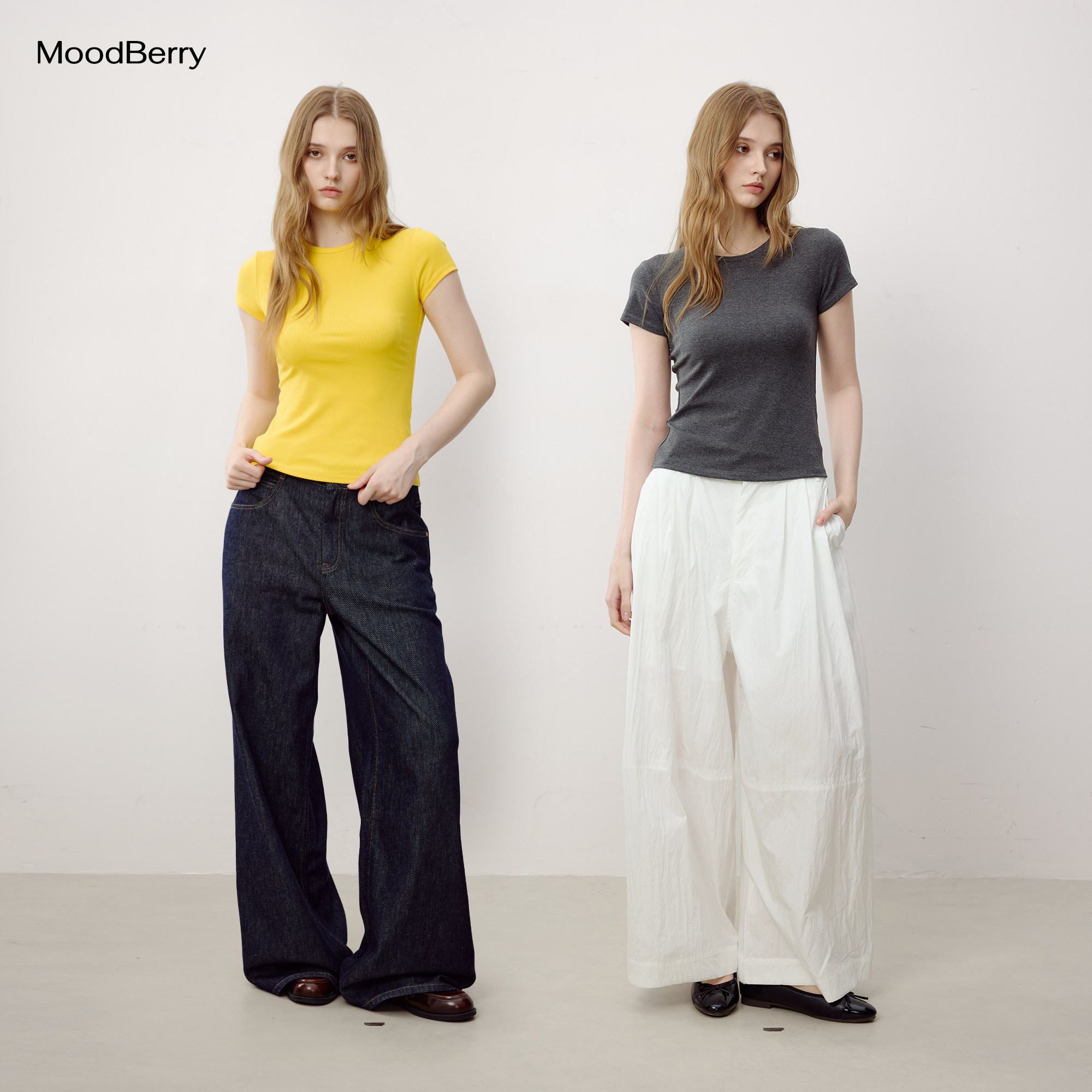MoodBerry美式复古简约纯色圆领正肩短袖女夏季百搭修身款上衣T恤图片