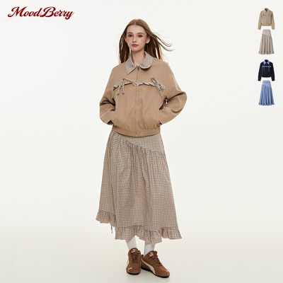 MoodBerry美式复古格子拼接翻领夹克外套女秋季A字裙半身长裙套装