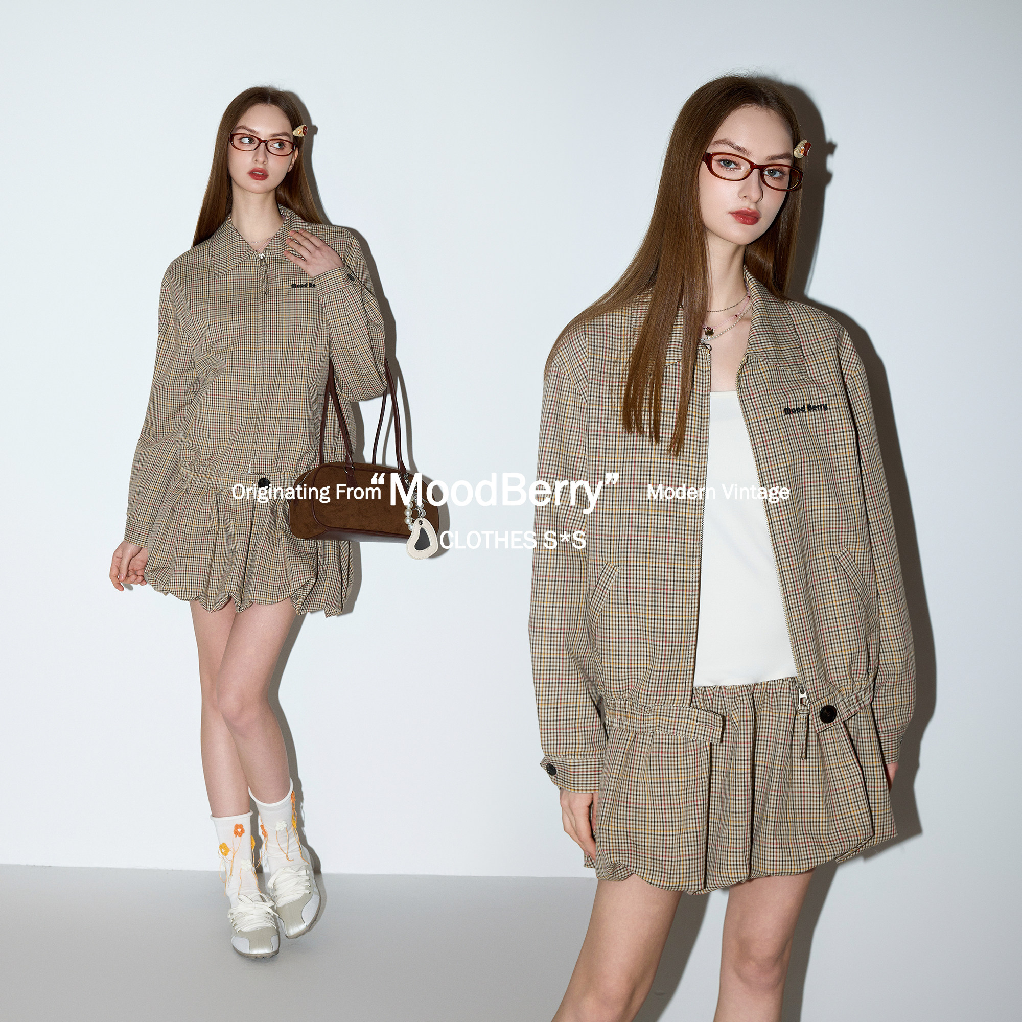 MoodBerry 美式复古格纹翻领夹克外套女春季休闲同色系花苞裙套装图片