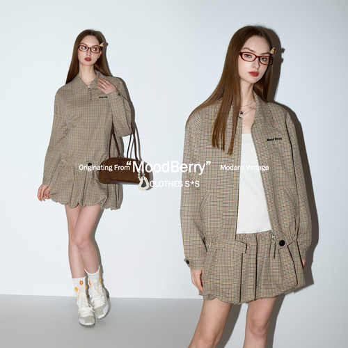 MoodBerry 美式复古格纹翻领夹克外套女春季休闲同色系花苞裙套装