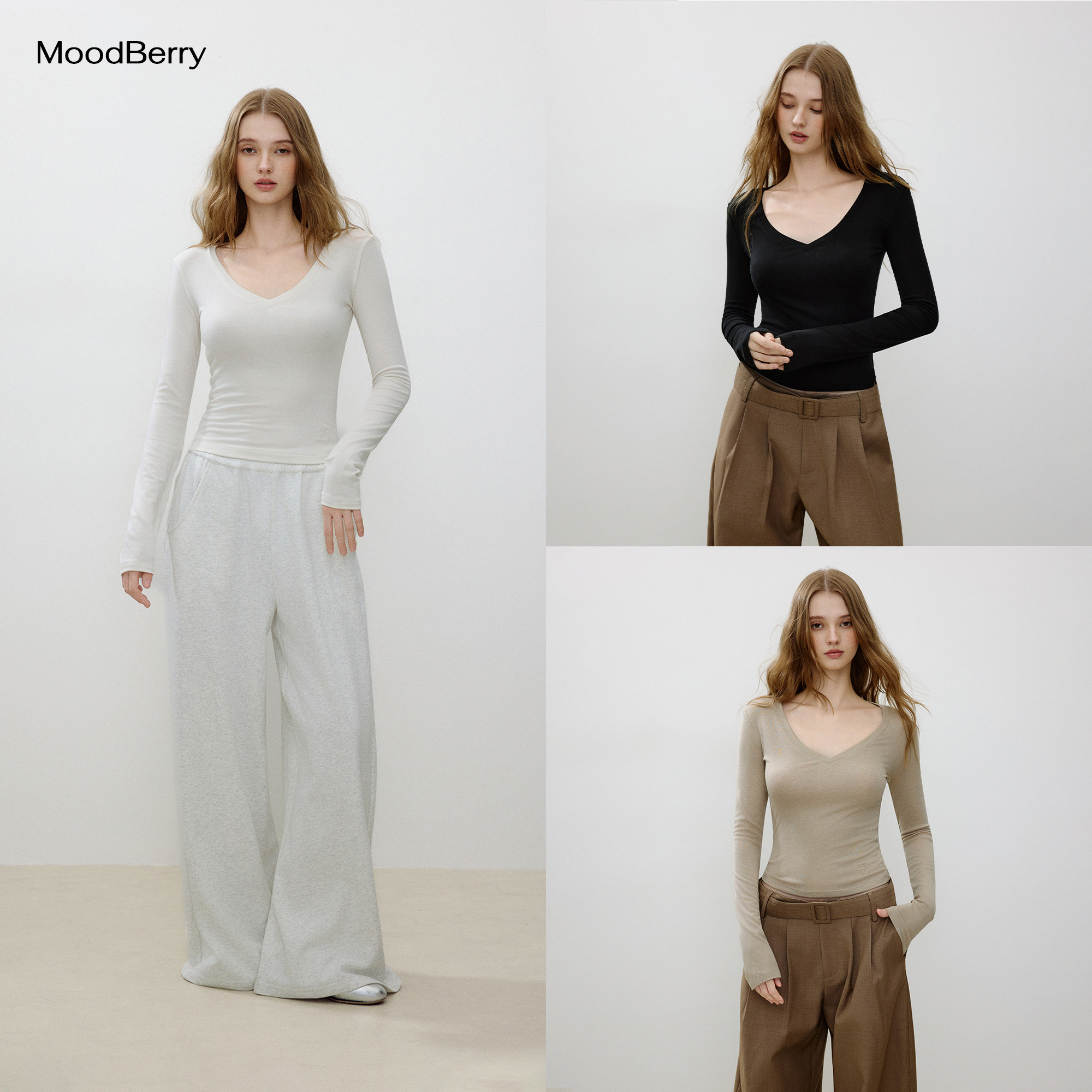 MoodBerry 美式复古简约纯色V领长袖T恤女秋季修身款显瘦百搭上衣图片