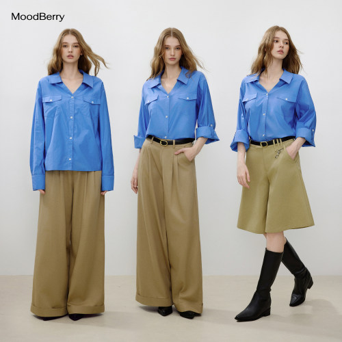 MoodBerry 美式复古蓝色纽扣收腰翻领衬衫女秋季宽松休闲纯棉衬衣