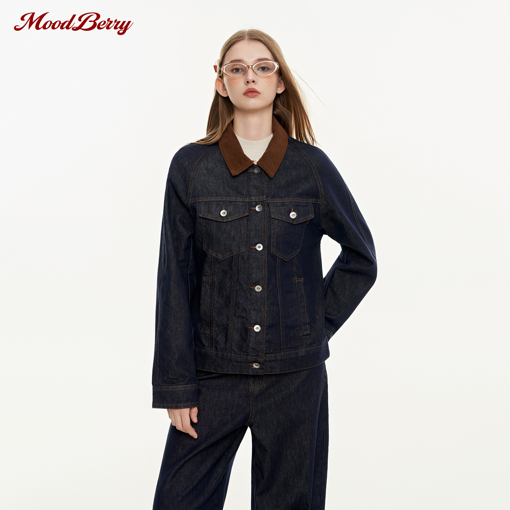 MoodBerry 美式复古牛仔夹克外套女秋季新款撞色翻领百搭休闲上衣