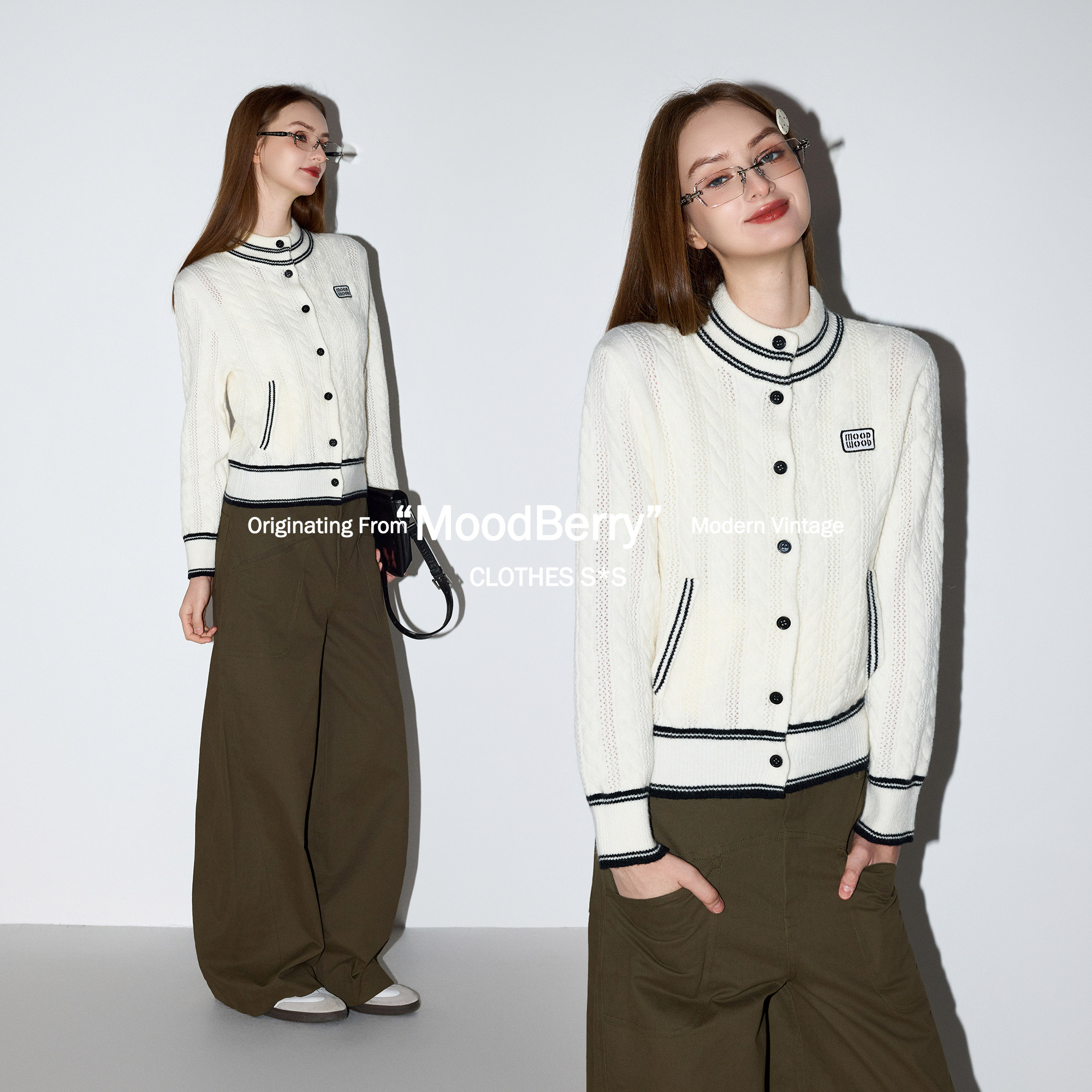 MoodBerry美式学院风miu系立领针织开衫女款春季修身毛衣外套上衣