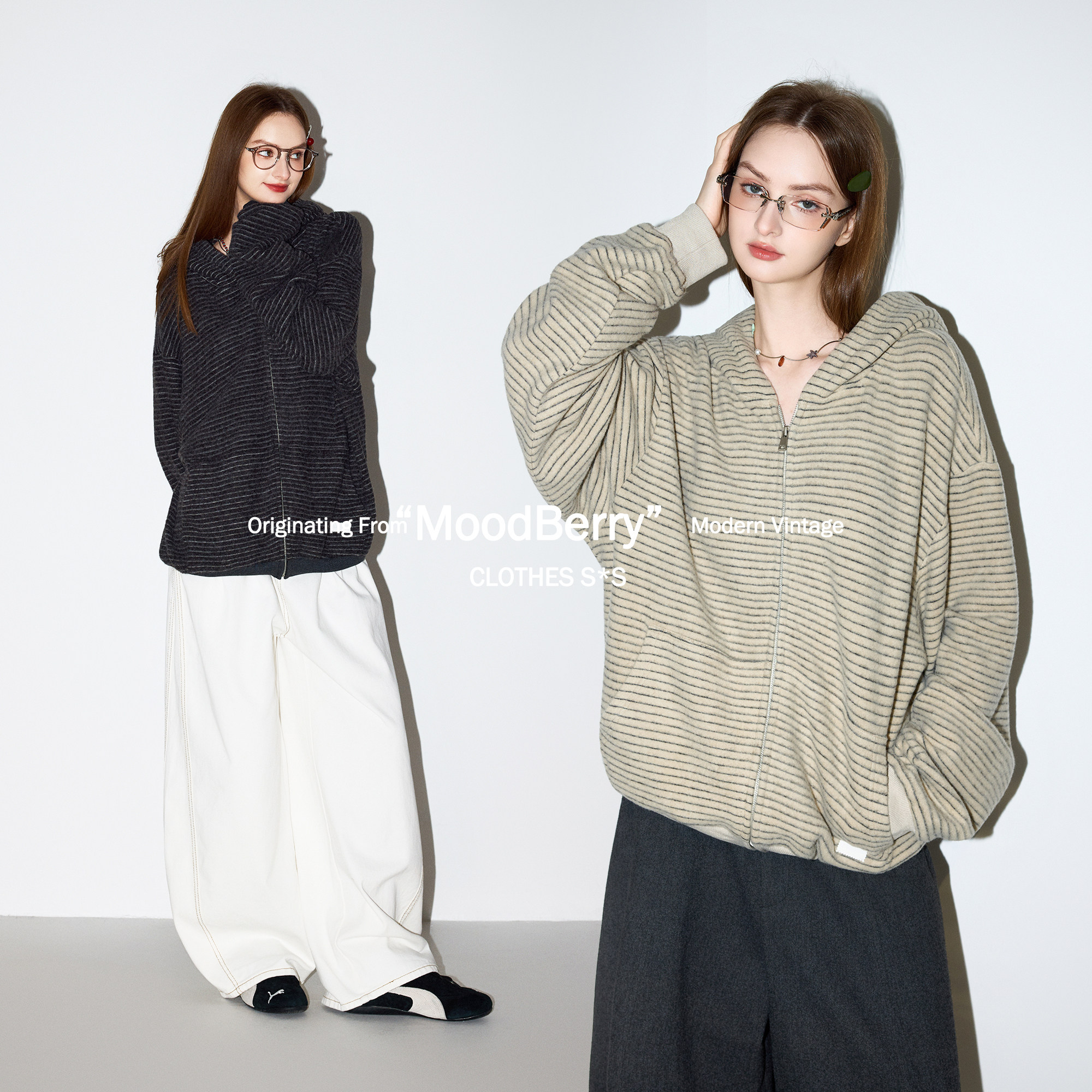 MoodBerry 美式复古风条纹卫衣外套女春季慵懒感宽松休闲连帽开衫