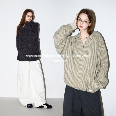 MoodBerry 美式复古风条纹卫衣外套女春季慵懒感宽松休闲连帽开衫