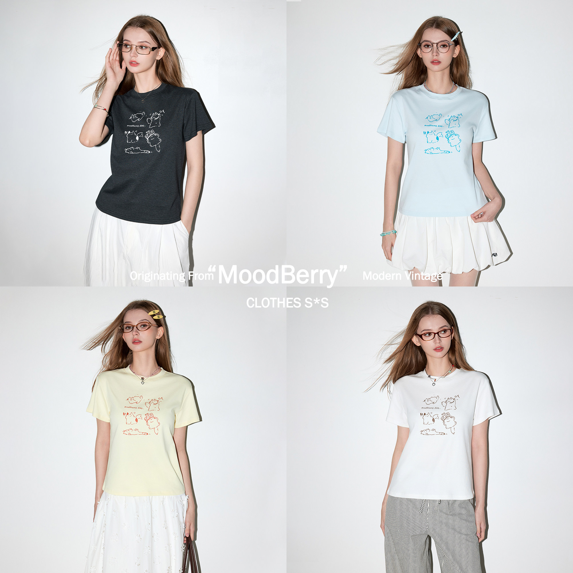 MoodBerry美式复古趣味小猫印花短袖T恤女夏季修身显瘦正肩短上衣图片