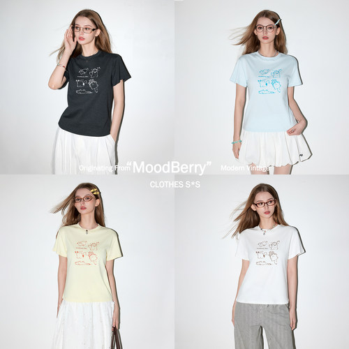MoodBerry美式复古趣味小猫印花短袖T恤女夏季修身显瘦正肩短上衣