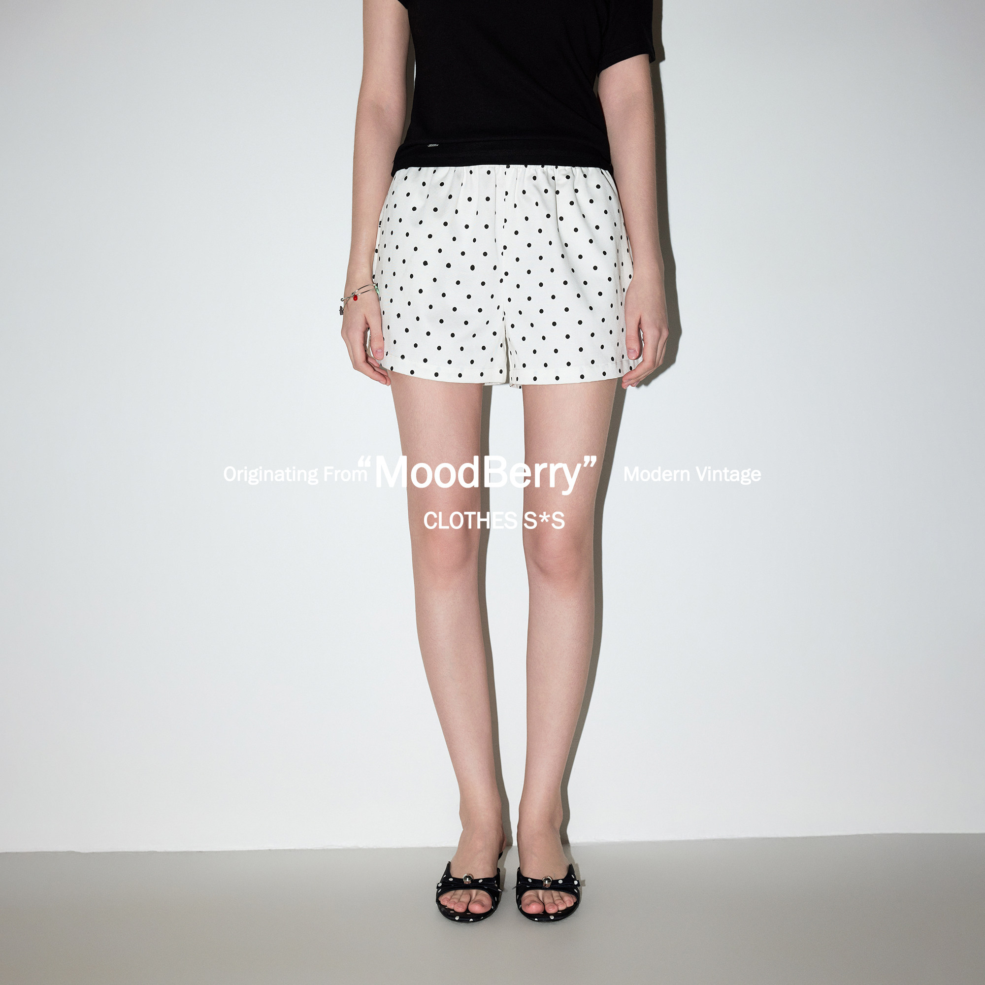 MoodBerry 美式复古黑白波点短裤女夏季慵懒休闲宽松三分外穿热裤