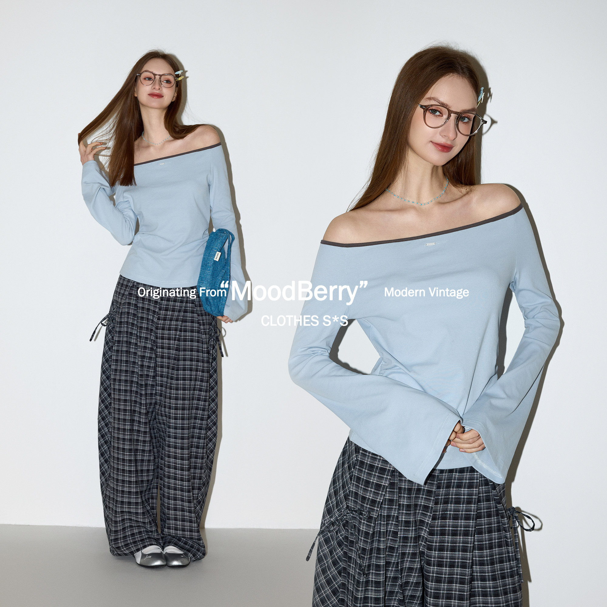 MoodBerry美式复古一字领露肩喇叭长袖T恤女春季修身简约休闲上衣