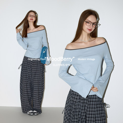 MoodBerry美式复古一字领露肩喇叭长袖T恤女春季修身简约休闲上衣