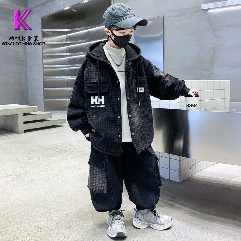GUJIK男童夹棉牛仔外套牛仔裤套装2025新款冬装帅气青少年时尚潮