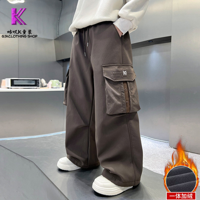 GUJIK男童加绒休闲裤冬季加厚阔腿裤2025秋冬新款儿童一体绒裤子