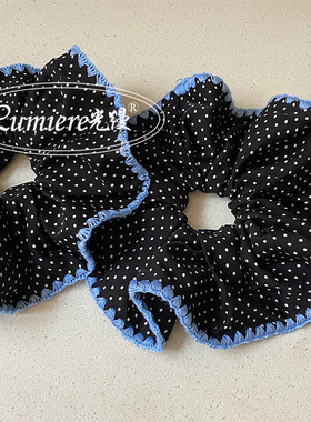 韩版时尚小众设计蓝色毛线花边黑波点大号发圈高级马尾头绳新款女