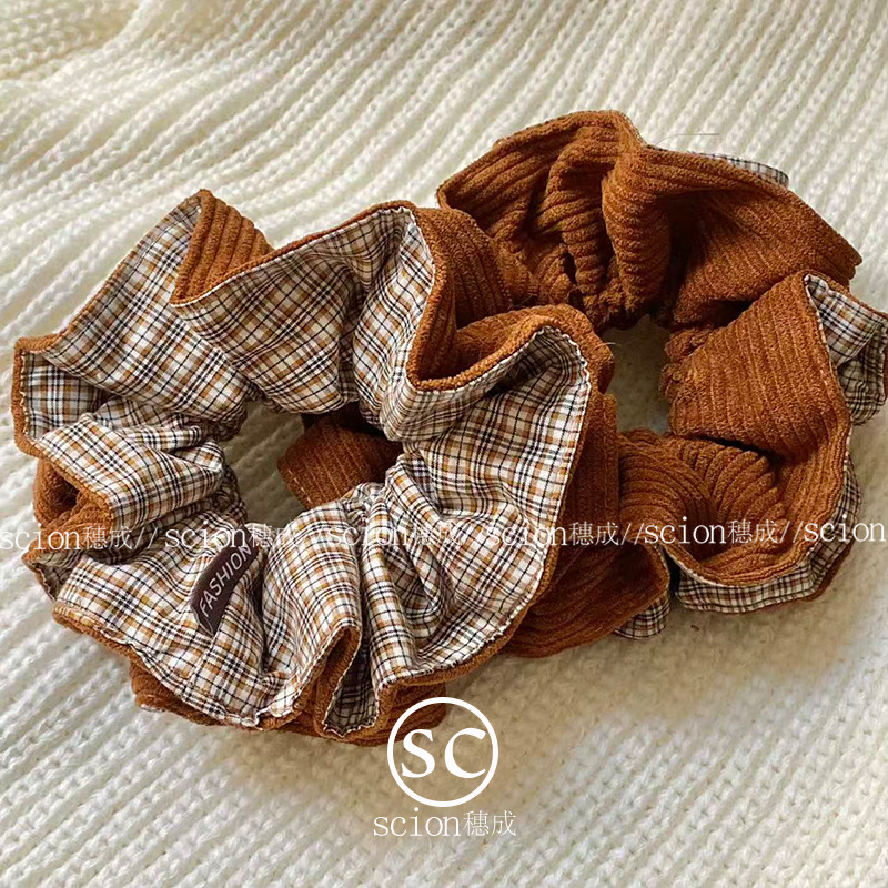 韩系复古学院风棕色灯芯绒AB面格纹大肠发圈秋冬氛围感丸子头花女