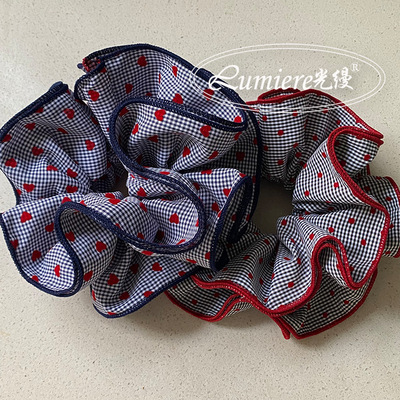 ins小众红色植绒爱心小波点藏蓝miu系蓝格纹小蛮腰发圈气质头花女